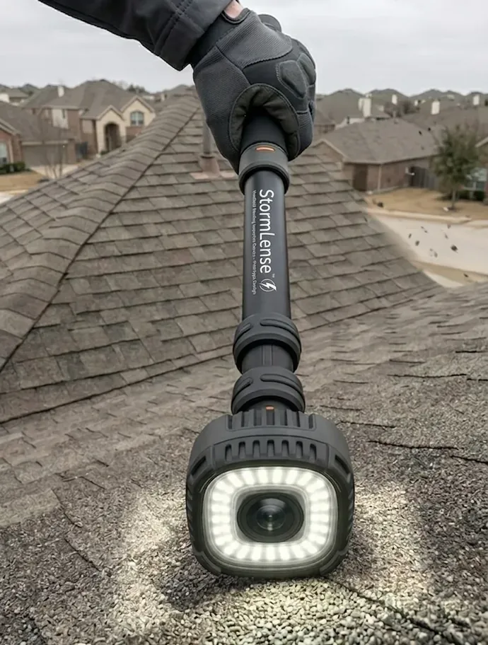StormLense™ device being held over asphalt shingles on a residential roof during an inspection